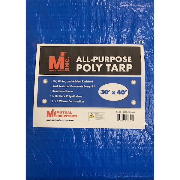 Tarp, 30 ft x 40 ft, 5 Mil, Blue, UV Resistant, Mildew Resistant